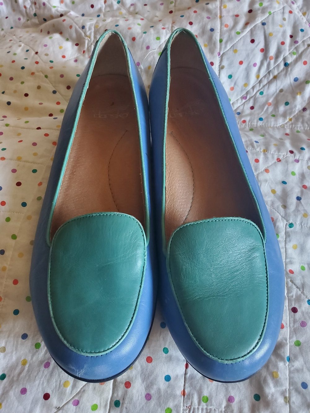 Dansko Women’s Two-Tone Blue & Teal Leather Loafers.